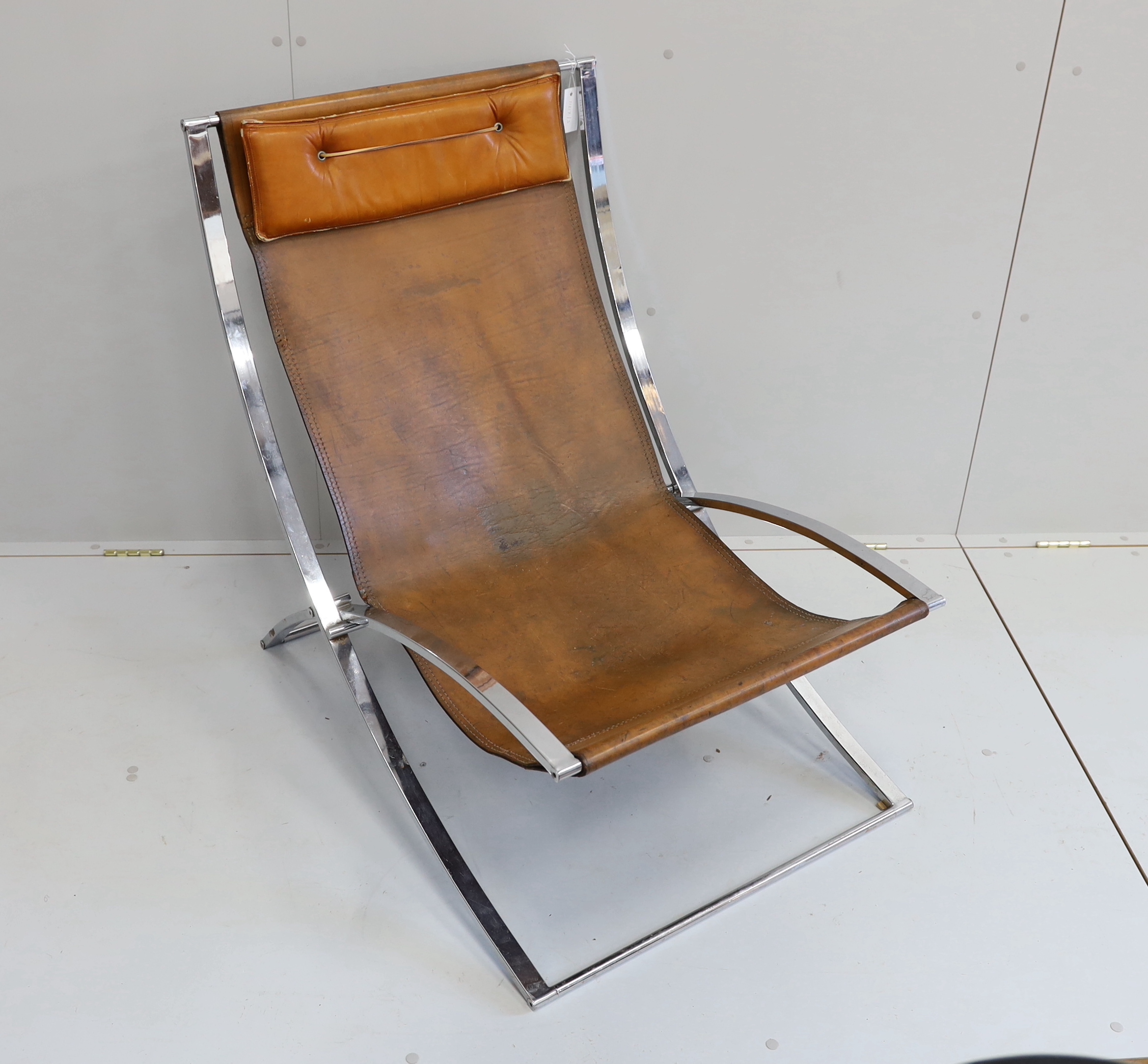 A 1970's leather and chrome armchair by Marcho Cuno, width 67cm, depth 100cm, height 90cm